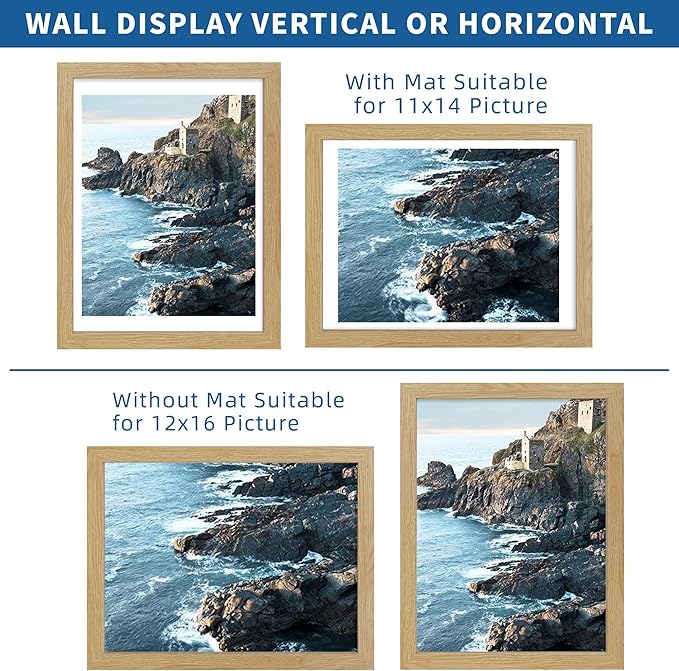 12x16 Picture Frame Set of 2, Natural Oak Wood Style - Display 12 x 16 Poster without Mat or 11x14 Picture with Mat, Wall Mounting Horizontal and Vertical