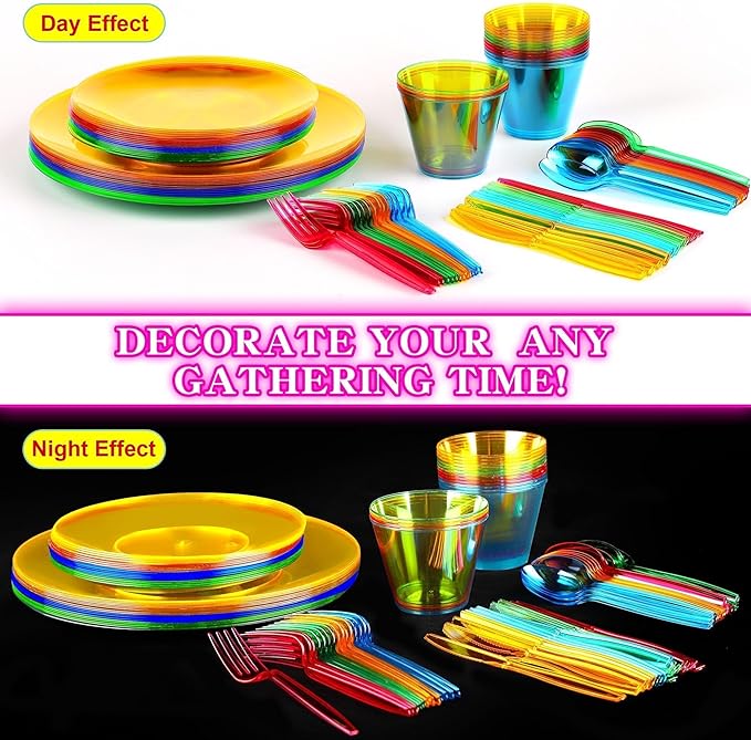168 PCS Neon Party Supplies Serves 24 Including 7.5 & 10.25 In Disposable Plastic Neon Plates 9 Oz Cups Cutlery Napkins Tableware Set Dessert Cake Plates for Blacklight Party Birthday