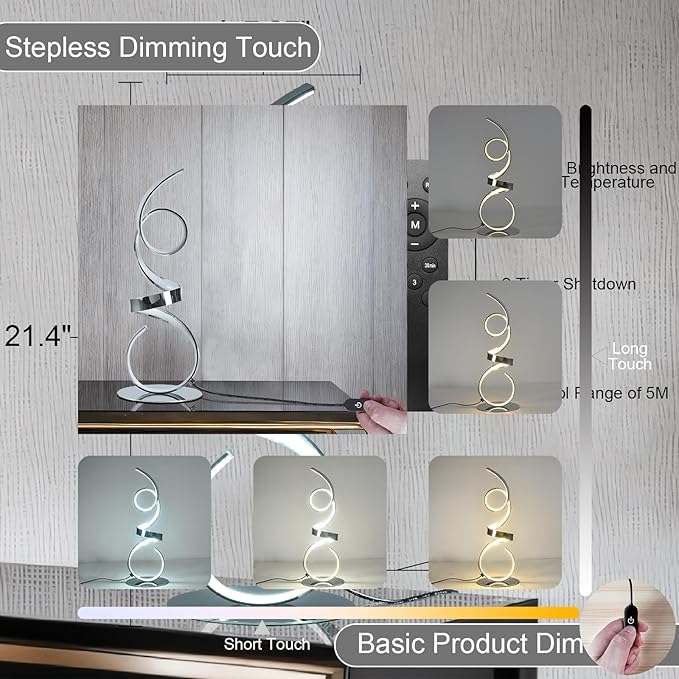 20W Modern Table Lamp,2700LM 3 Colors Remote Stepless Dimmable Bedside Lamp, Chrome LED Art Desk Lamp 21.4 Inch with Touch Switch for Living Room,Bedroom