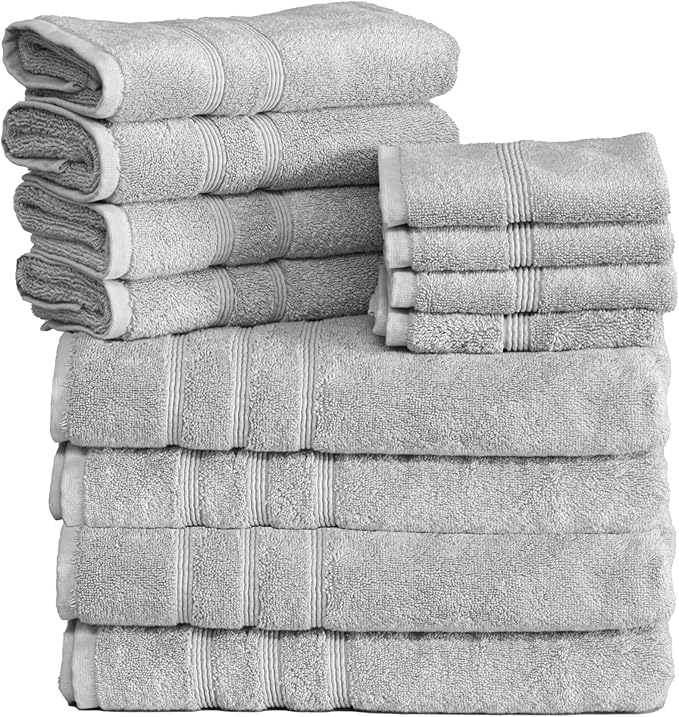 Mosobam Luxury Turkish 12pc Towel Set 30X58 16X30 13X13 Light Grey (Gray) 700 GSM Bamboo Viscose & Aegean Turkish Combed Cotton