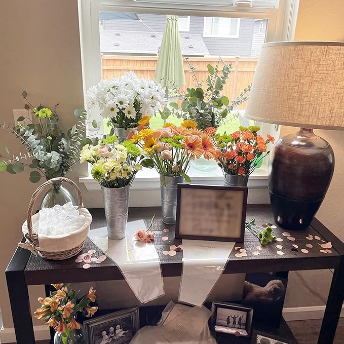 6 PCS 9 Inch Tall Galvanized Flower Bucket with Handles, Metal Vase for Cut Flowers, Country Wedding, Table Centerpiece Decorations,Vintage Style Flower Containers, by GENHAKON.