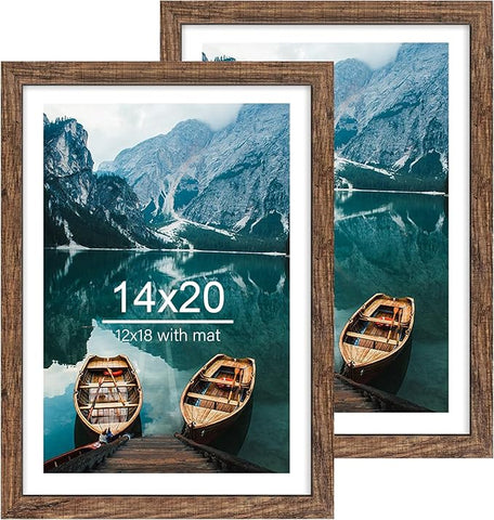 14x20 Picture Frame Set of 2, Rustic Brown Wood Style - Display 14 x 20 Picture without Mat or 12x18 Picture with Mat, Wall Mounting Horizontal and Vertical