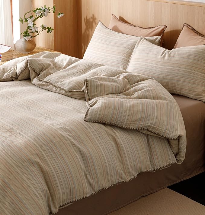 VM VOUGEMARKET Stripes Duvet Cover Set Queen 3pcs Yarn Dyed Muslin Cotton Horizontal Pinstripe Ticking Pattern Bedding Set - Tan Brown Stripe, Queen Size