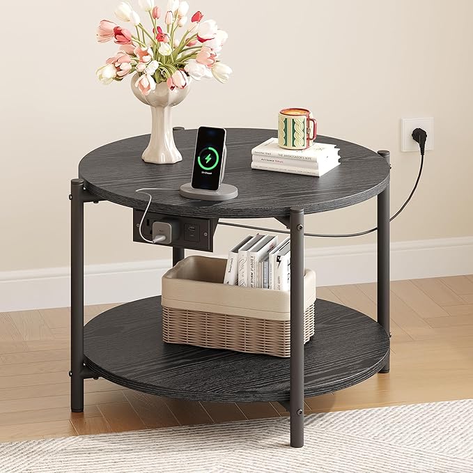 LIKIMIO Round End Table with Charging Station, 23.6" W Wooden Side Table with 2-Tier Storage, Modern Nightstand for Small Spaces, Living Room, Bedroom, Black