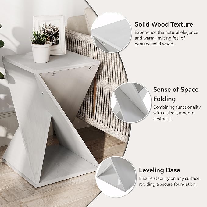 Modern End Table Square Solid Wood Pedestal Side Table Rustic Plant Stand with Twisted Design for Living Room, Bedroom, Office, White