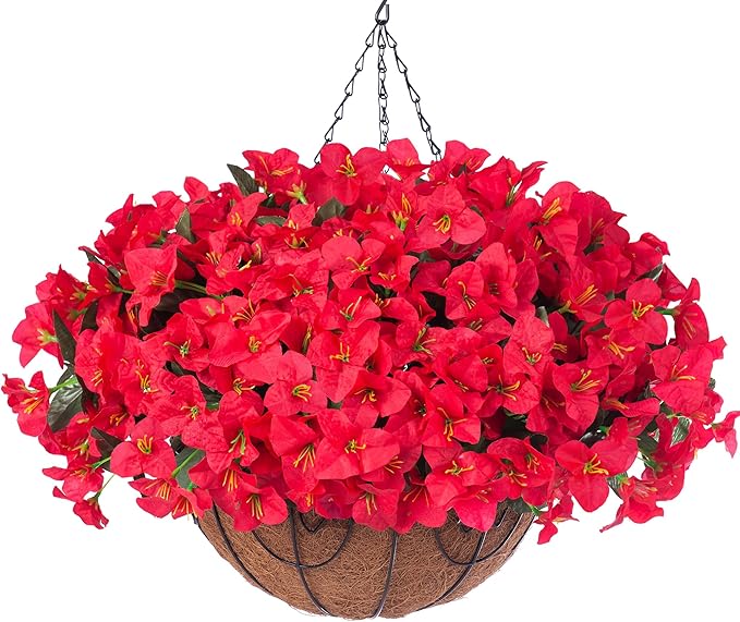 Artificial Fake Hanging Flowers for Outdoors with Basket Faux Plants Silk Bougainvillea Flower in Planter Look Real UV Resistant Faux Flower for Outside Porch Patio Garden Yard Home Decor, Red