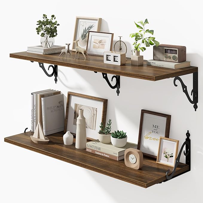 36 Inches Floating Shelves, Rustic Long Wall Shelves, 12 Inch Deep Book Shelf Wall Mounted with Bracket, Wide Display & Storage Shelves for Living Room, Bathroom, Bedroom, Walnut, Set of 2