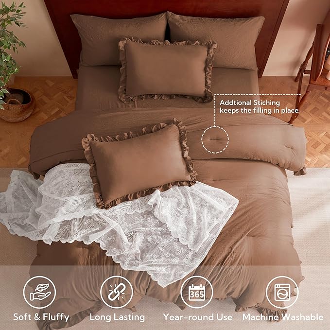 MR&HM Full Ruffle Comforter Set Mocha Mousse, Farmhouse Shabby Chic Bedding Set, Boho Bed in a Bag Set 7 Pieces with 1 Comforter, 1 Flat Sheet, 1 Fitted Sheet, 2 Pillowcases & 2 Pillow Shams