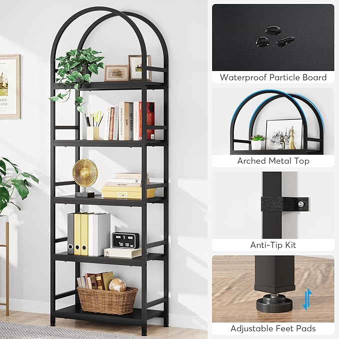 Tribesigns 5-Tier Open Bookshelf Set of 2, 74.4" Wood Bookcase Storage Shelves with Metal Frame, Freestanding Display Rack Tall Shelving Unit for Office, Bedroom, Living Room (Black, 2PCS)
