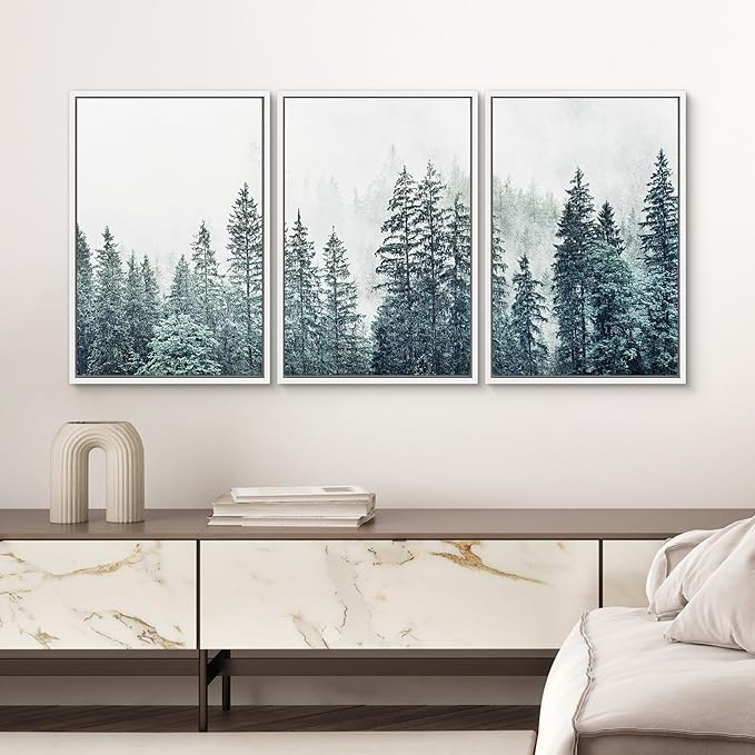 SIGNWIN Framed Canvas Print Wall Art Woodland Nursery Decor Set Film Grain Misty Mountain Pine Trees Nature Wilderness Modern Art Chic Landscape for Living Room, Bedroom, Office - 16"x24"x3 White