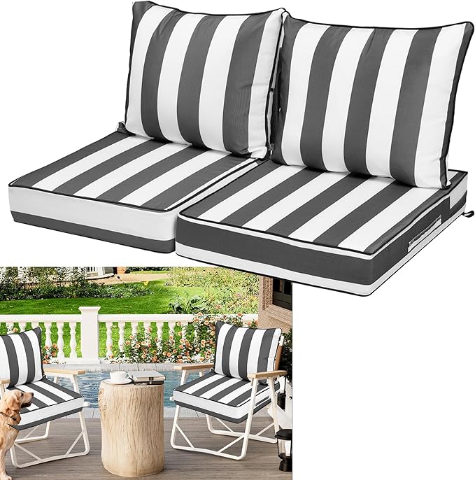 Waterproof Outdoor Chair Cushion Set of 2, 22x22x4 IN Deep Seat Patio Cushions with Fade Resistant Removable Cover,Outdoor Cushions for Patio Furniture with Ties&Handle for Chair Sofa Couch,GrayStripe