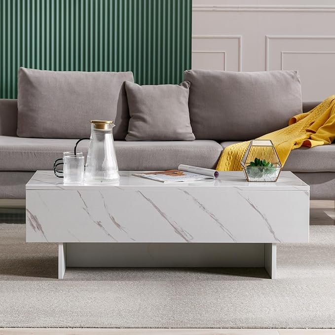 COSVALVE 41" Marble White Cool Coffee Table for Living Room,Rectangular Glossy Smart Contemporary Center Table for Waiting Area,White