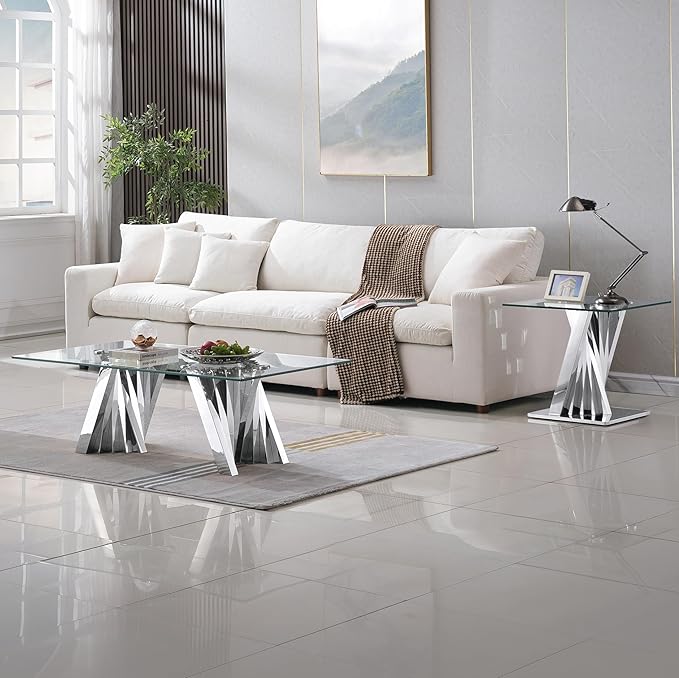 Glass 3 Piece Living Room Table Sets,3-Piece Table Set Includes 1 Glass Coffee Table and 2 End Tables with Stainless Steel Frame,Modern Coffee Table Set of 3 for Living Room (Silver)