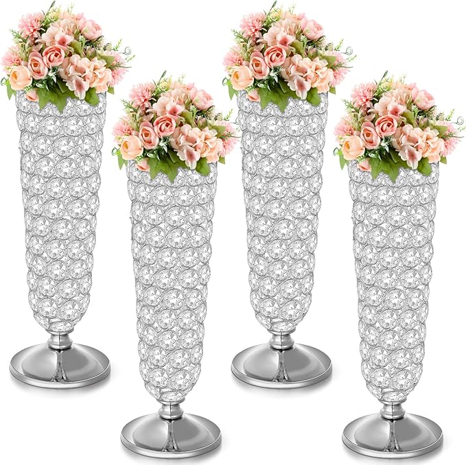 Rtteri 4 Pcs 12 Inch Tall Crystal Vase for Centerpieces Wedding Metal Crystal Trumpet Flower Vase Stand for Table Floor Wedding Party Favor Banquet Celebration, Classic Elegance(Silver)