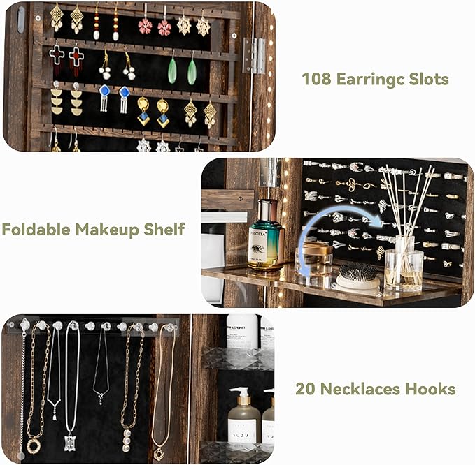 LED Mirror Jewelry Cabinet Standing, Jewelry Armoire with Full-Length Mirror, 360° Swivel Jewelry Cabinet with Adjustable LED Lights, Rustic Brown