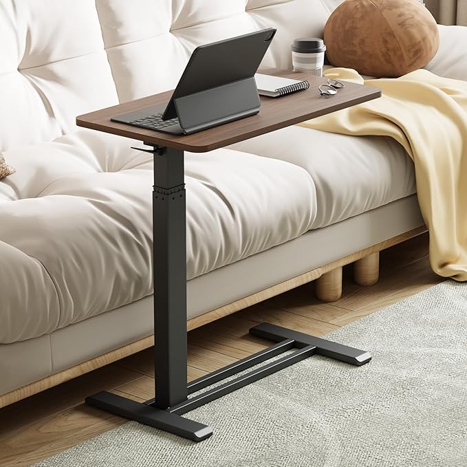 Medical Overbed Adjustable Bedside Table with Hidden Casters, Pneumatic Mobile Rolling Laptop Standing Desk with Tray for Home and Hospital Use, Mahogany
