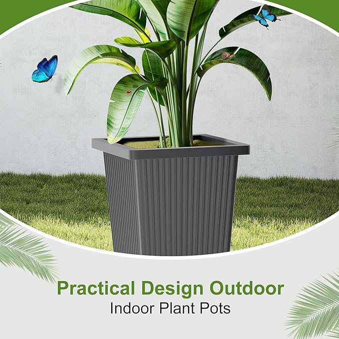 24-Inch Tall Planters Set of 2 for Outdoor and Indoor Use,Tapered Flower Pots with Drainage Tray, Front Porch and Patio Decor,Ideal for Large Plants (Stripes-Grey)