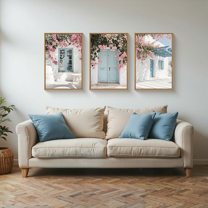 HOURIA Greek Island Street Framed Canvas Wall Art Set,Santorini Blue Doors Shutters Wall Decor,Coastal White House Pink Flower Artwork,European Cityscape Art Prints for Living Room, Bedroom-24 x36 x3