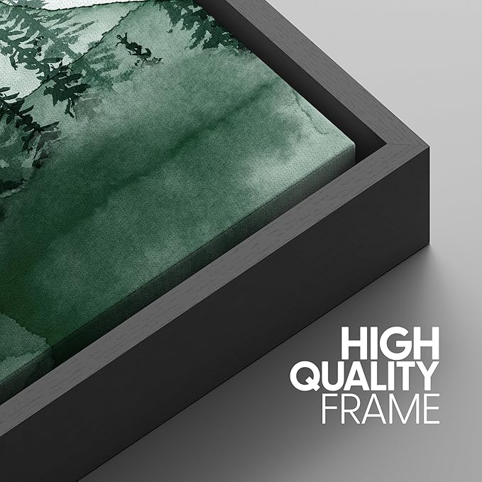 SIGNWIN 3 Piece Framed Canvas Wall Art Green Watercolor Landscape with Moon Nature Wilderness Illustrations Abstract Traditional Home for Living Room,Bedroom - 16"x24"x3 Black