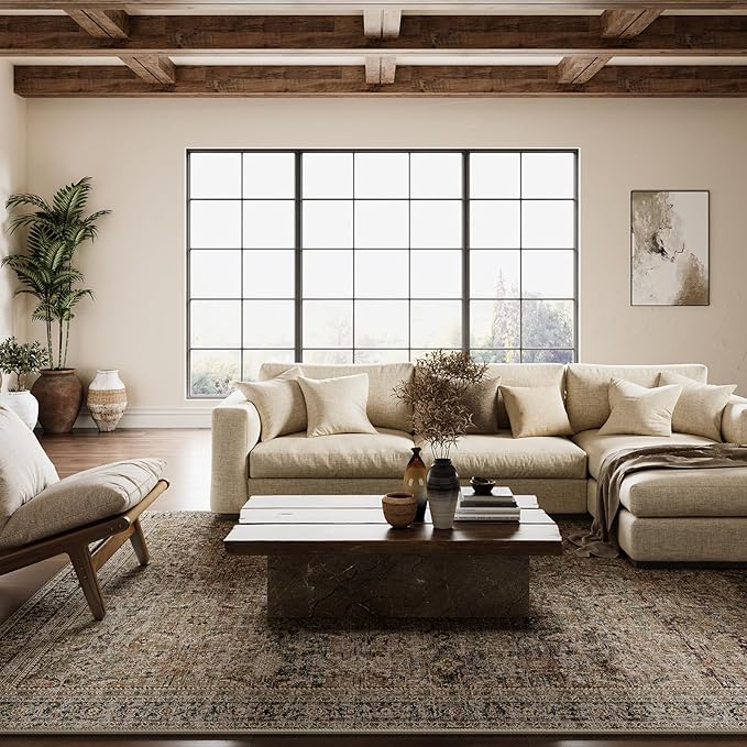 10x14 Washable Area Rug Brown Vintage Distressed Living Room Bedroom Large Throw Rug Non Slip Low Pile Soft Accent Indoor Floor Carpet for Dining Room Office Entryway Kitchen