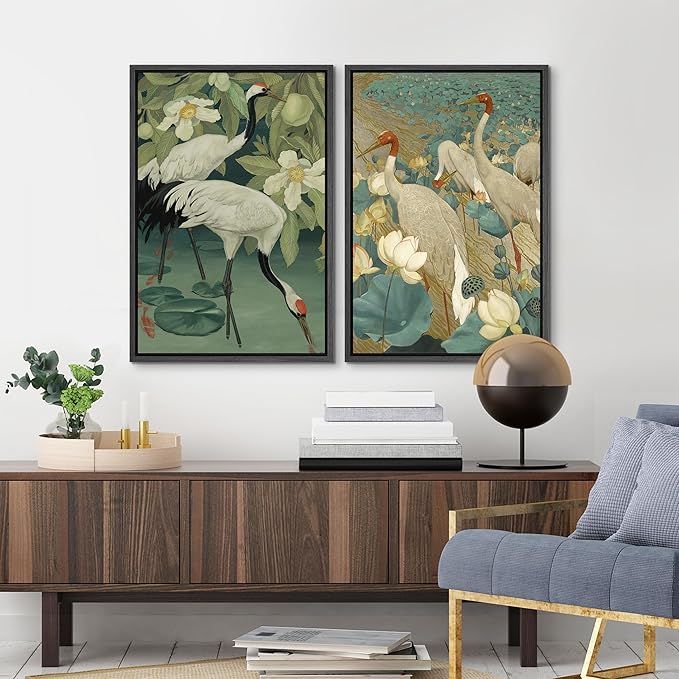 MUDECOR Framed Canvas Print Wall Art Elegant Cranes Among Lotus Flowers Nature Illustrations Modern Art Decorative Multicolor Minimalism for Bedroom - 24"x36"x2 Black