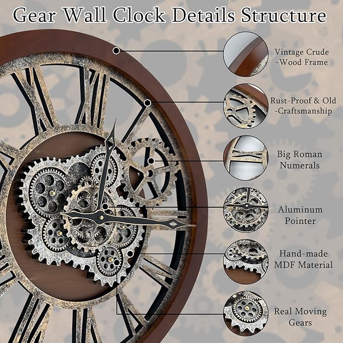HOIBAI Farmhouse Vintage Industrial Oversized Wall Clock - 24 in (60cm) Moving Gear Wall Clock for Living Room Decor