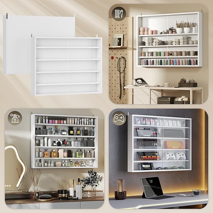 HOMCOM 5-Tier Display Cabinet, Glass Door Cabinet with Adjustable Shelves, Wall-Mounted Display Case for Playroom, Bedroom, White