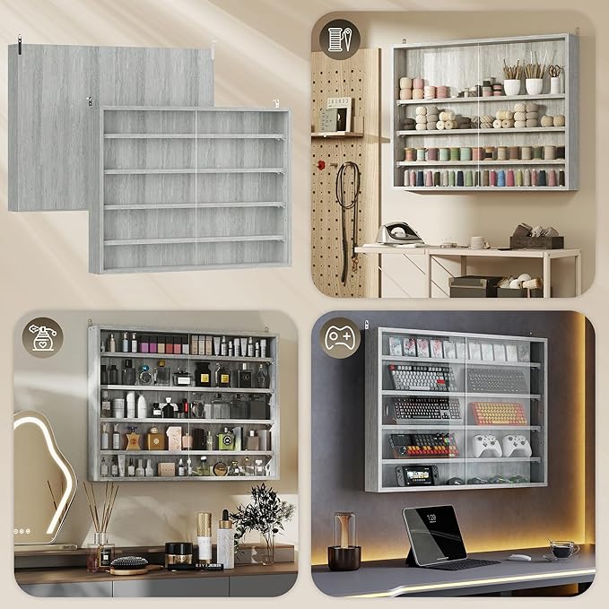 HOMCOM 5-Tier Display Cabinet, Glass Door Cabinet with Adjustable Shelves, Wall-Mounted Display Case for Playroom, Bedroom, Gray