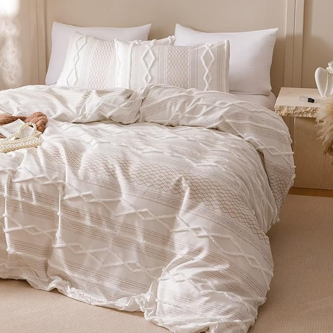 Luxlovery Boho Farmhouse Comforter Set Cal King Teens Kids White Jacquard Bedding Set Bohemian Country Blanket Quilts Durable Soft Breathable 3PCS Comforter Set California King Bed