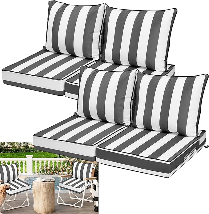 Waterproof Outdoor Chair Cushion Set of 4, 24x24x5 IN Deep Seat Patio Cushions with Fade Resistant Removable Cover,Outdoor Cushions for Patio Furniture with Ties&Handle for Chair Sofa Couch,GrayStripe