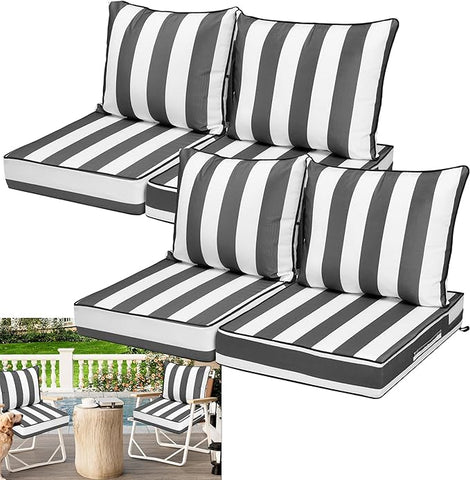 Waterproof Outdoor Chair Cushion Set of 4, 24x24x5 IN Deep Seat Patio Cushions with Fade Resistant Removable Cover,Outdoor Cushions for Patio Furniture with Ties&Handle for Chair Sofa Couch,GrayStripe