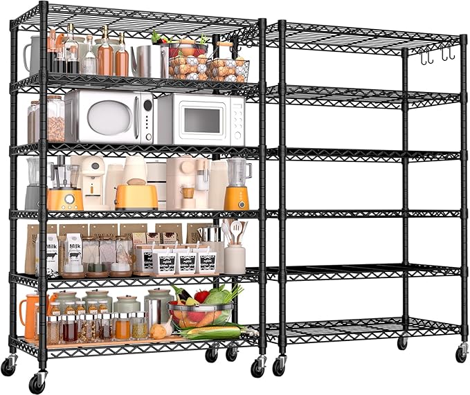 PrimeZone 2 Pack 6 Tier Wire Shelving with Wheels,Metal Shelf Heavy Duty Adjustable Kitchen Storage Shelves Unit,Pantry Organizer Rack Rolling for Garage Closet Laundry 36''W x 18''D x 78''H