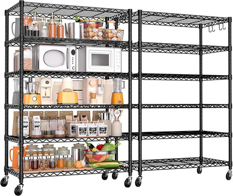 PrimeZone 2 Pack 6 Tier Wire Shelving with Wheels,Metal Shelf Heavy Duty Adjustable Kitchen Storage Shelves Unit,Pantry Organizer Rack Rolling for Garage Closet Laundry 36''W x 18''D x 78''H