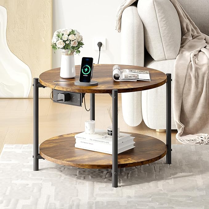 LIKIMIO Round End Table with Charging Station, 23.6" W Wooden Side Table with 2-Tier Storage, Modern Nightstand for Small Spaces, Living Room, Bedroom, Rustic Brown