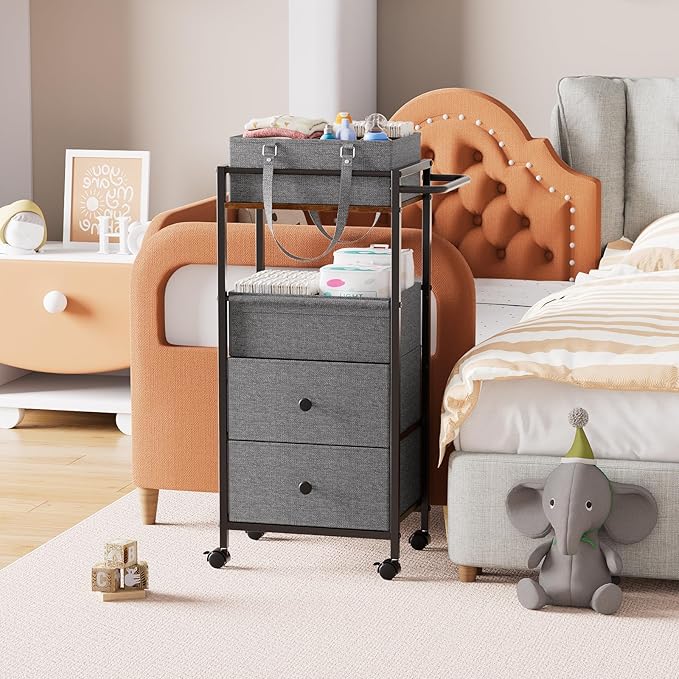 Baby Diaper Caddy Organizer Cart with Drawers - 3In1 Rolling Storage Cart with Wheels, Removable Diaper Caddy, Detachable Dividers - for Crib, Bedroom, Art & Craft Organizer (Black)