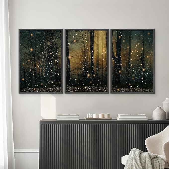 SIGNWIN Framed Wall Art Print Set Enchanted Forest with Fireflies Magical Night Woodland Photography Modern Art Closeup Relax/Calm Dark for Living Room, Bedroom, Office - 16"x24"x3 Black