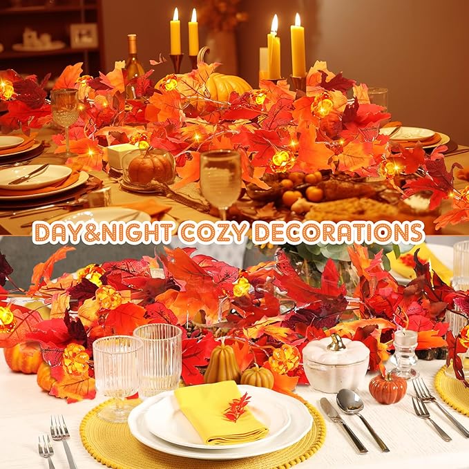 VIHOSE 2 Pack Thanksgiving Maple Leaves Garland Fall Decor 11.5 ft 40 LED with Pumpkin Lights Battery Operated and Timer Remote for Home Thanksgiving Halloween Decor(Reddish Brown)