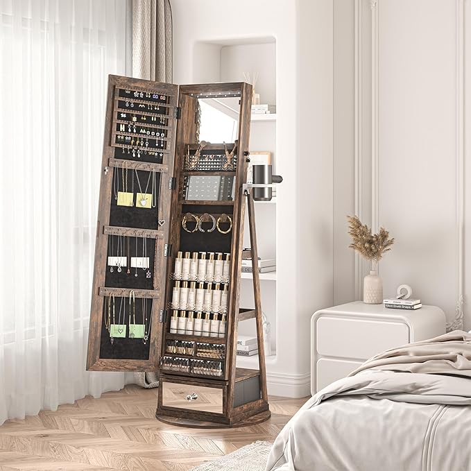 Mirror Jewelry Cabinet Standing, 360° Swivel Jewelry Armoire with 6 LED Lights, Rotatable Mirror Jewelry Organizer, Rustic Brown