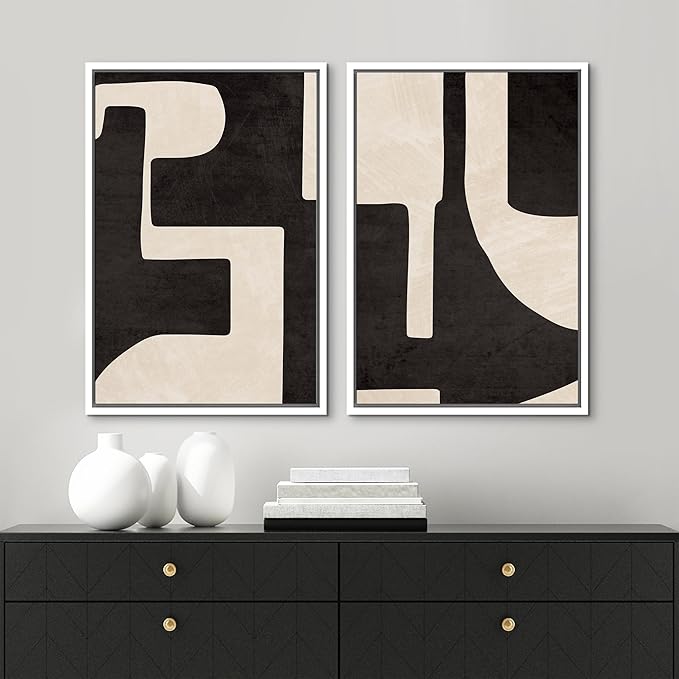 MUDECOR Framed Canvas Print Wall Art Black & White Geometric Paint Stroke Decor Abstract Nature Illustration Modern Art Decorative Multicolor Geometric Minimal for Bedroom - 24"x36"x2 White