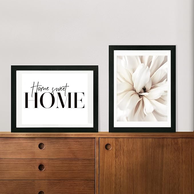 12x16 Picture Frame Set of 2, Rustic Black Wood Style - Display 12 x 16 Poster without Mat or 11x14 Picture with Mat, Wall Mounting Horizontal and Vertical