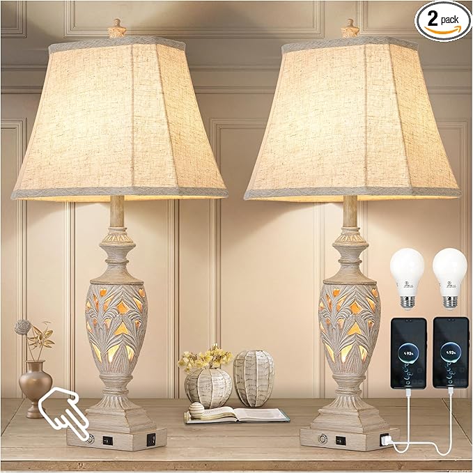 29.5"H Touch Control Traditional Table Lamp Set of 2,Vintage Bedside Lamp Nightstand Lamps with Dual USB Ports,3-Way Dimmable Hollow Out Leafwork White Washed Finish Desk Lamps for Living Room,Bedroom
