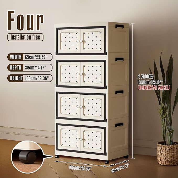 Lockable Storage Bins with Lids, Folding Storage box with Doors and Wheels, Collapsible Plastic Storage Bins for Closets, Stackable Storage Organizer, Storage Containers (Printed, 4-Tier)
