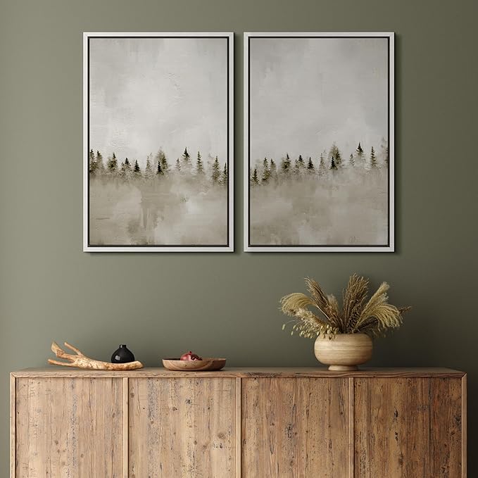 MUDECOR Framed Canvas Print Wall Art Set Misty Pines Serene Forest Landscape Illustrations Modern Art Decorative Bohemian Calm/Zen for Living Room, Bedroom, Office - 16"x24"x2 White