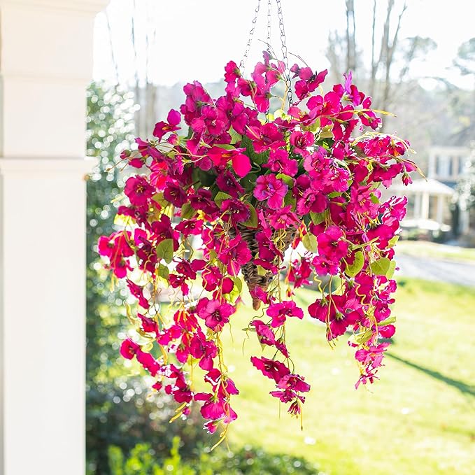 Ivydale Artificial Faux Hanging Flowers Plant Baskets for Outdoors Decoration, Fake Hibiscus UV Resistance Realistic Silk Flower for Outside Home Patio Porch Balcony Garden Wedding, Fuchsia