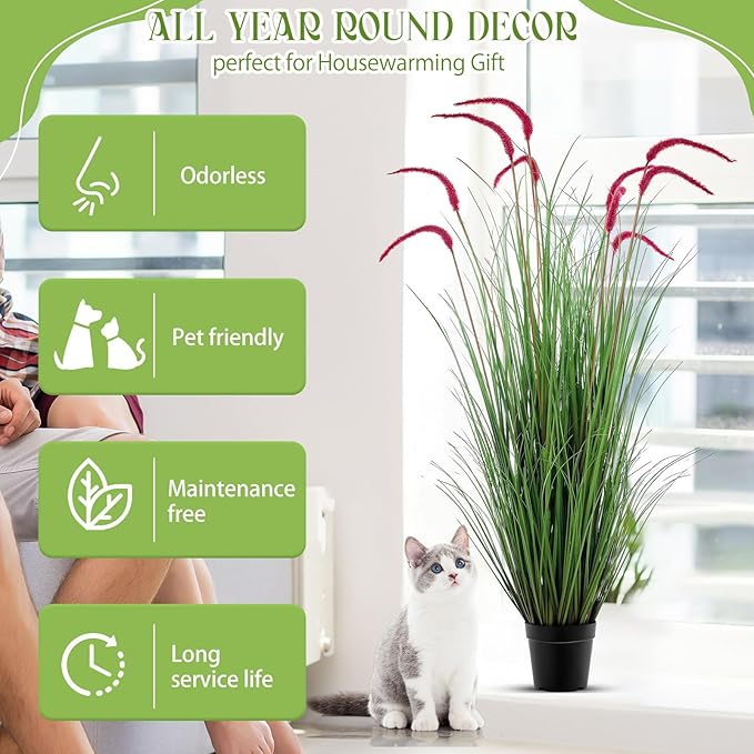 Jexine 2 Pieces Faux Plants Outdoor 4 ft Tall Artificial Grass Plant Potted Artificial Setaria Grass Faux Greenery Floor Plants for Housewarming Gift House Garden Bathroom Lobby Outdoor(Purple)