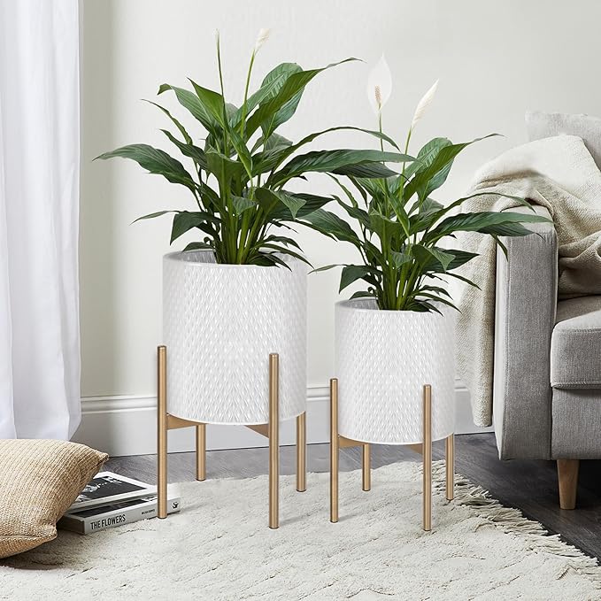 Oakrain Mid Century Planters for Indoor Plants, Set of 2, Modern Decorative Metal Planters for Living Room, Office, Garden or Balcony, White Planters with Stands, 10 inch & 12 inch