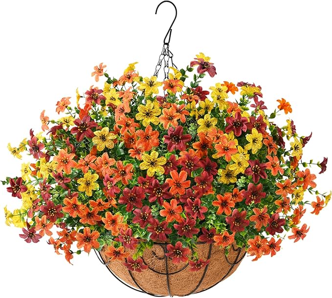 Artificial Flowers Hanging Basket Plants, Fake Mums Fall Decorations for Outdoor, Faux Silk Flower UV Resistant Autumn Decor for Outside Garden Patio Front Porch Balcony Window (Orange Brown Yellow)
