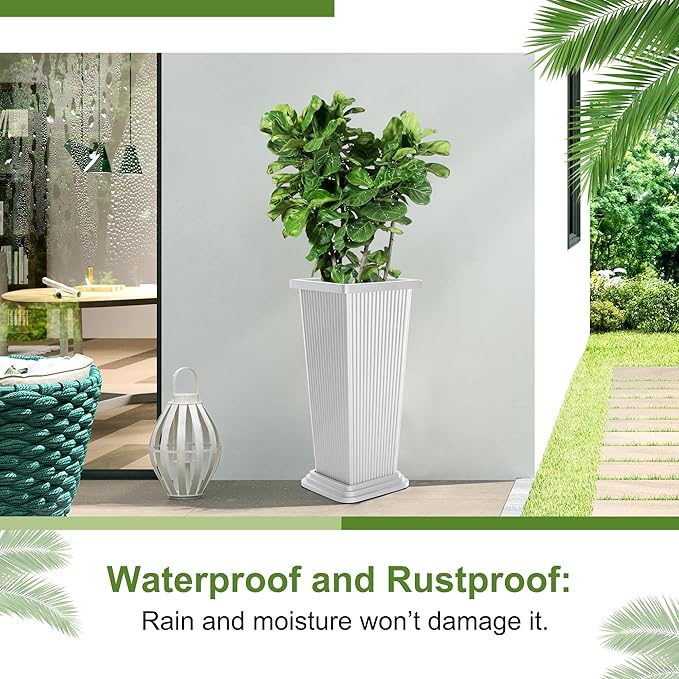 24-Inch Tall Planters Set of 2 for Outdoor and Indoor Use, Tapered Flower Pots with Drainage Tray, Front Porch and Patio Decor, Ideal for Large Plants (Stripes-White)
