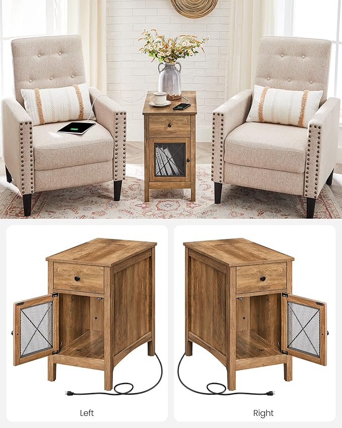 VASAGLE Side Table with Storage, End Table with USB Ports and Outlets, Nightstand with Charging Station, Drawer, Storage Cabinet, Magazine Rack, for Living Room, Bedroom, Rustic Walnut ULET312T41