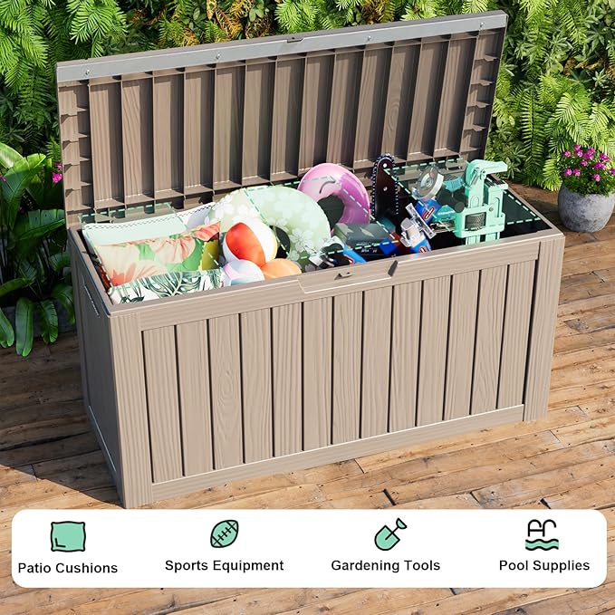 80 Gallon Deck Box,Resin Outdoor Storage Box with Lockable for Patio Furniture, Pool Accessories, Garden Tools Waterproof Outside Storage Box, Grey